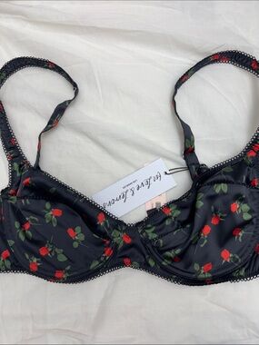 For Love And Lemons Love Song Black Satin Rose Print Underwire Bra